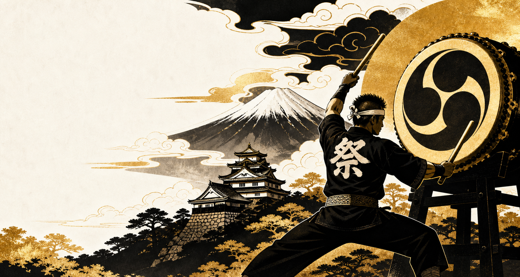 A taiko performer with Mount Fuji and a Japanese castle